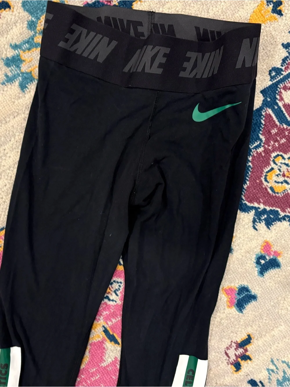 Nike Black Leggings with Green Celtics Stripe and White Side Panels
